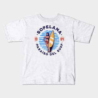 Vintage Sopelana, Spain Surfer's Paradise // Retro Surfing 1980s Badge B Kids T-Shirt